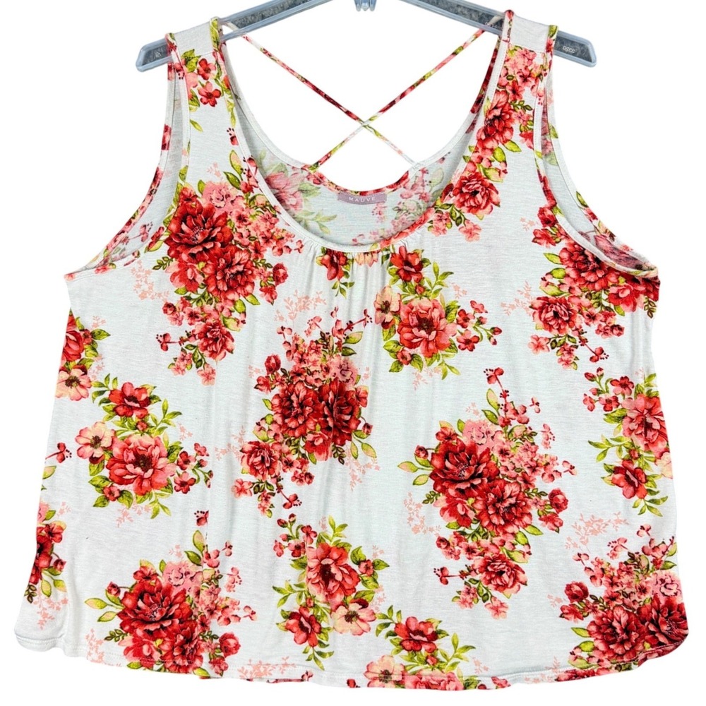 Mauve Womens Plus Size 2X Floral Tank Top Red White Strappy Back Gathered Summer